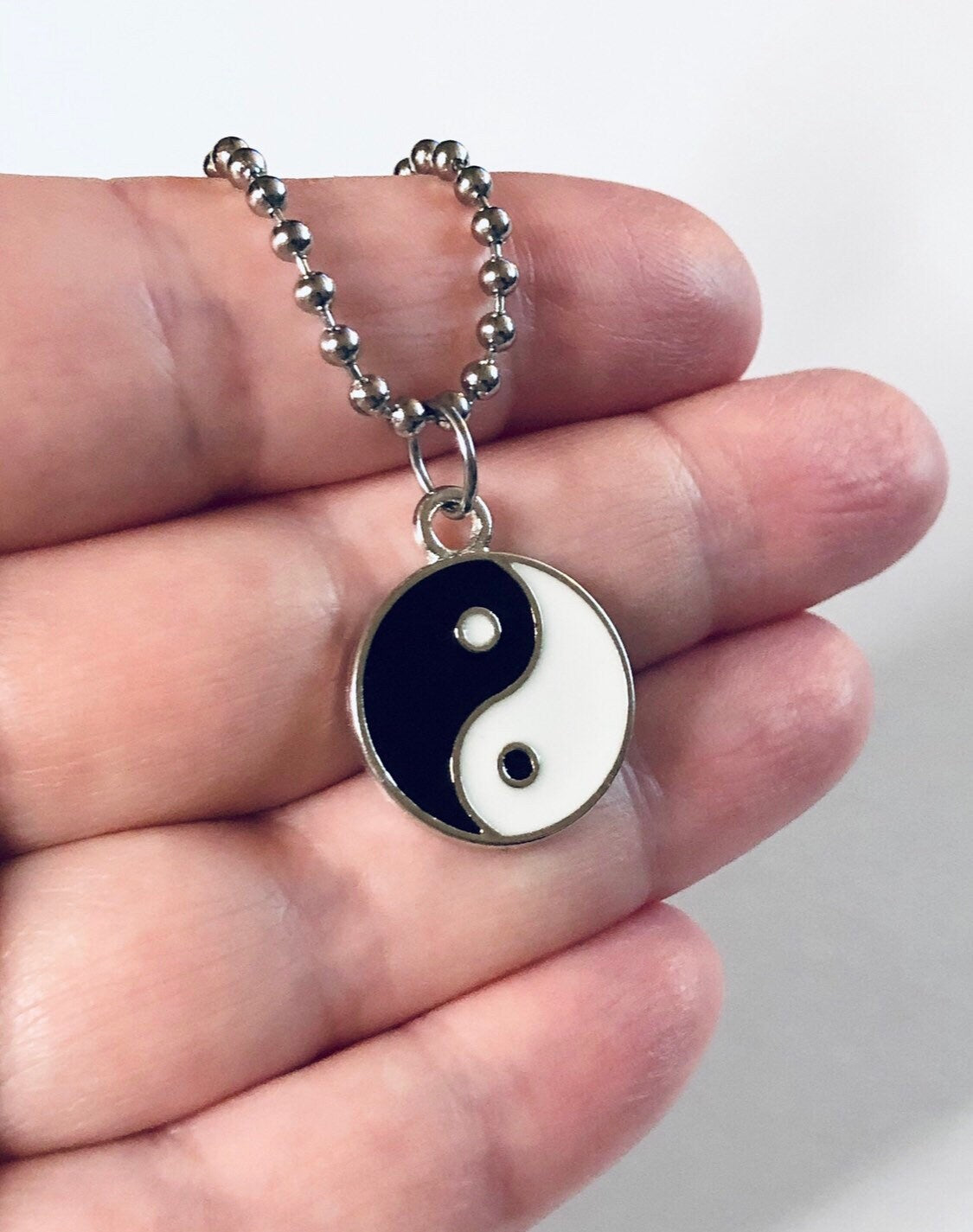 Yin & Yan Necklace, Duality Dualism Black and White Enamel Necklace Ball Chain Stainless Steel Occult Taoism Esoteric Witchy Boho Hippie