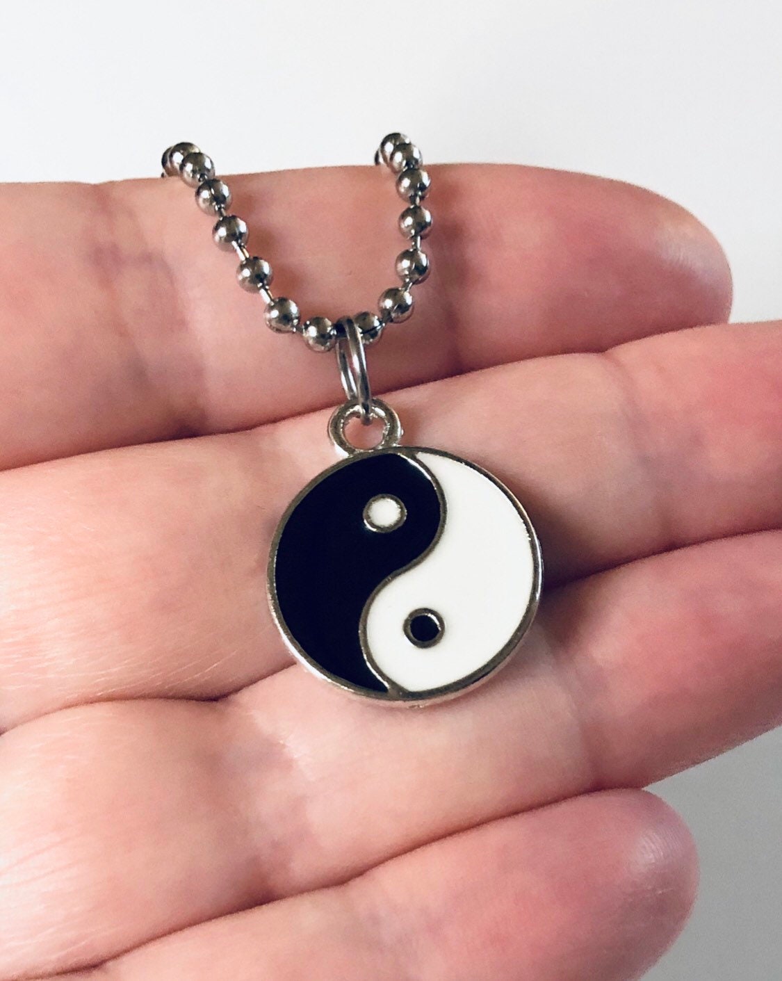 Yin & Yan Necklace, Duality Dualism Black and White Enamel Necklace Ball Chain Stainless Steel Occult Taoism Esoteric Witchy Boho Hippie