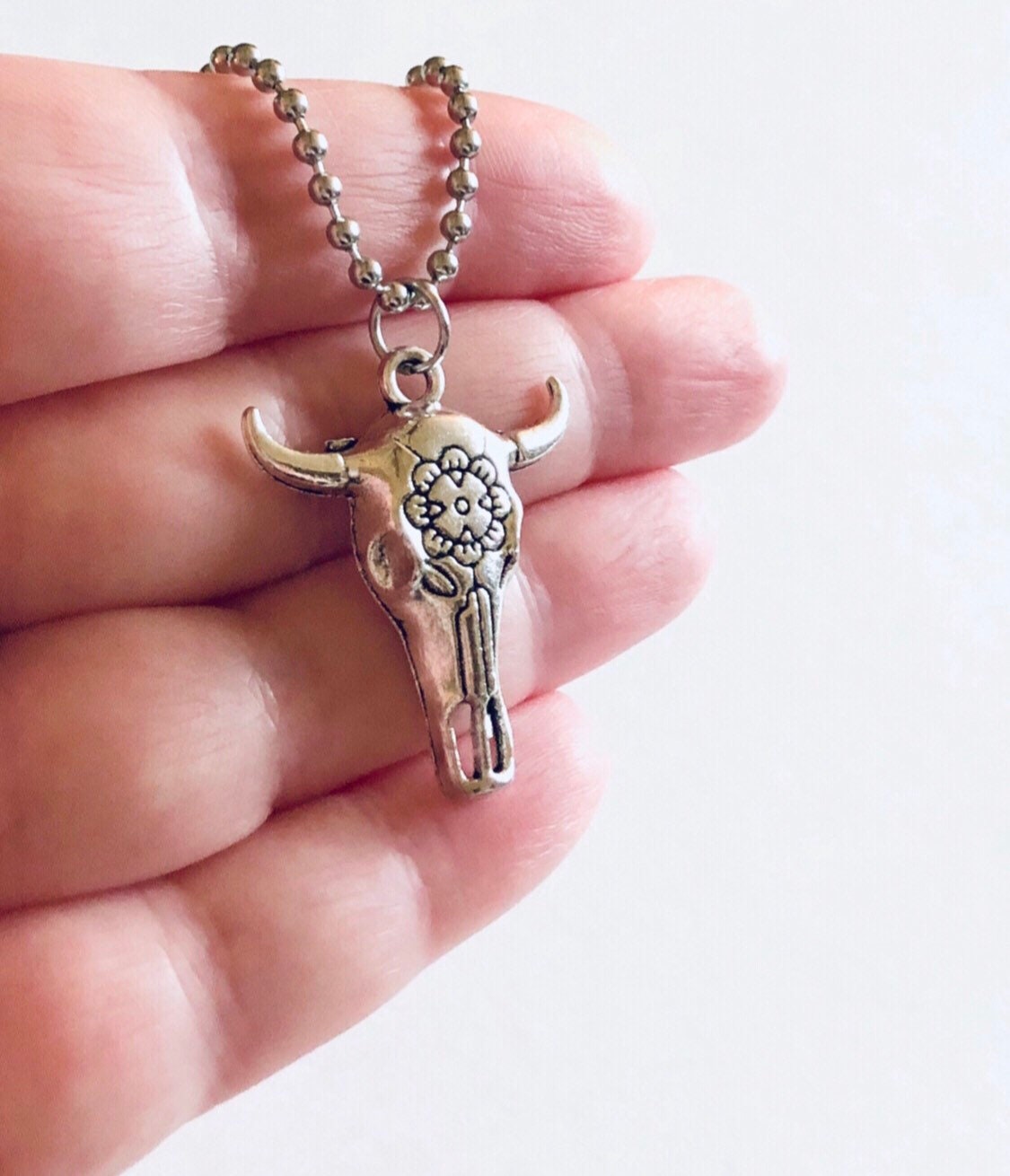 Horns Skull Necklace, Bohemian Bull Horns Necklace, Hippie Skeleton Bulls Head Necklace, Silver Ball Chain Country Western Cowgirl Cowboy