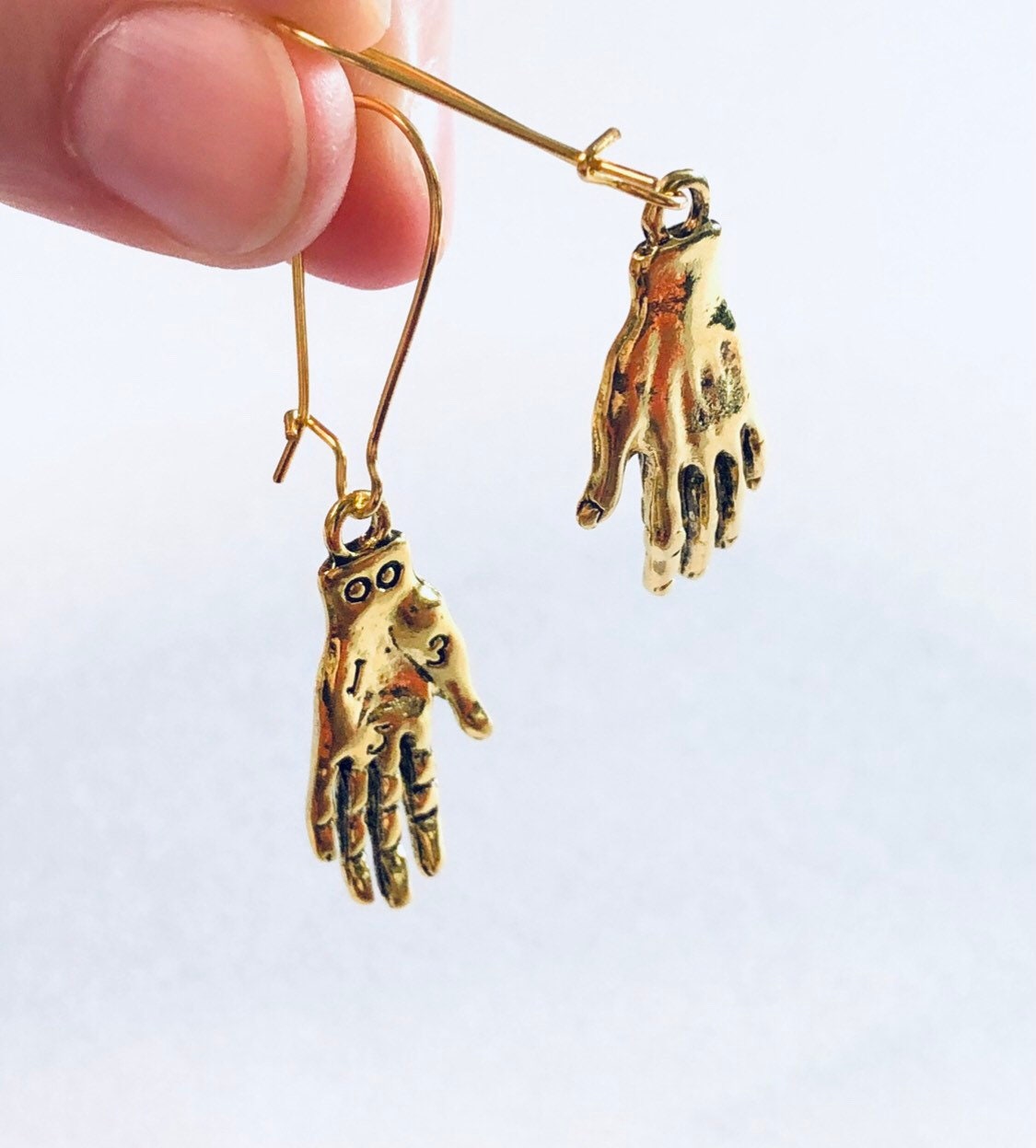 Palmistry Hand Earrings Gold, Drop Dangle Earrings, Witchy Woman Divination Wicca Wiccan spells