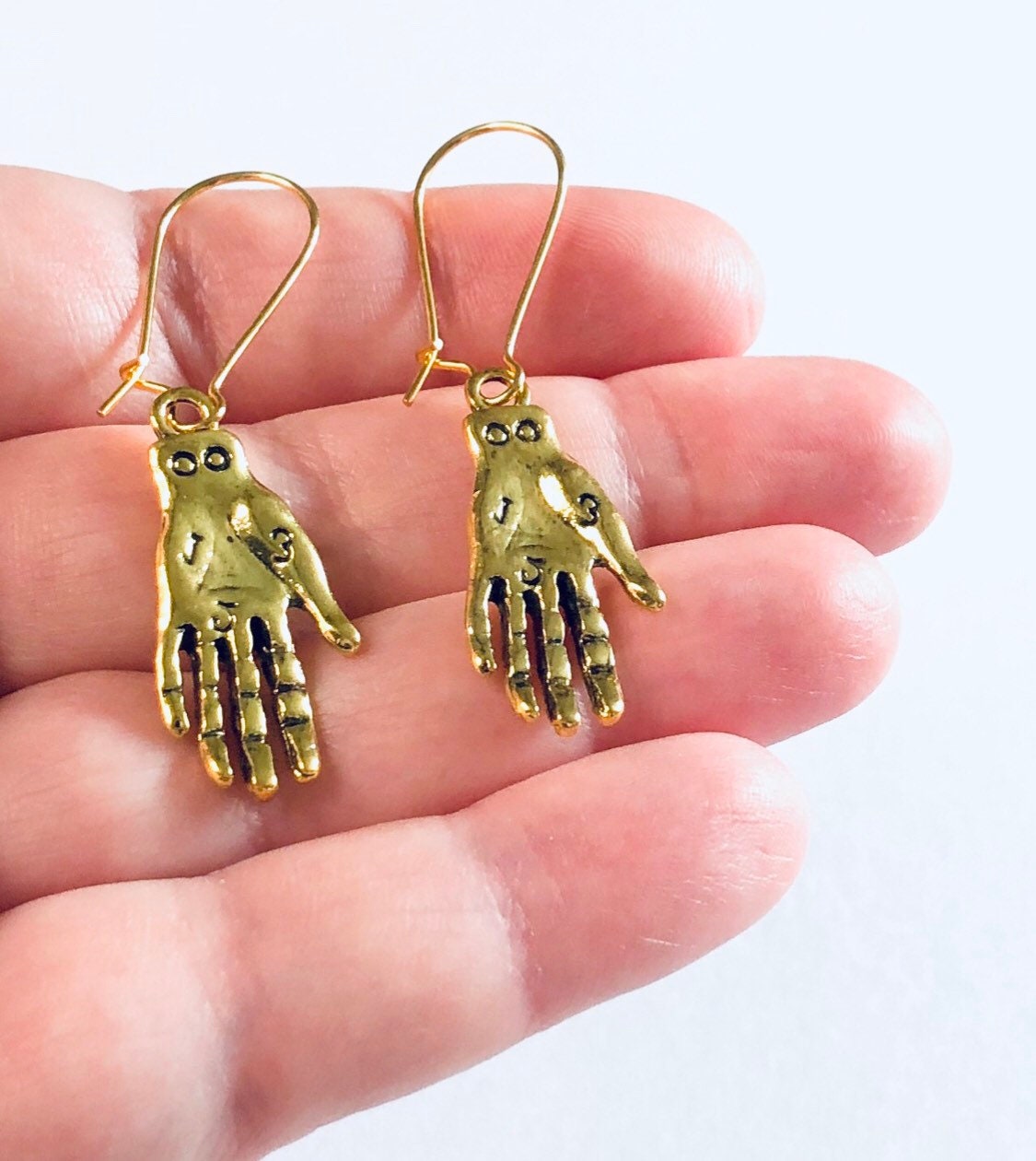 Palmistry Hand Earrings Gold, Drop Dangle Earrings, Witchy Woman Divination Wicca Wiccan spells