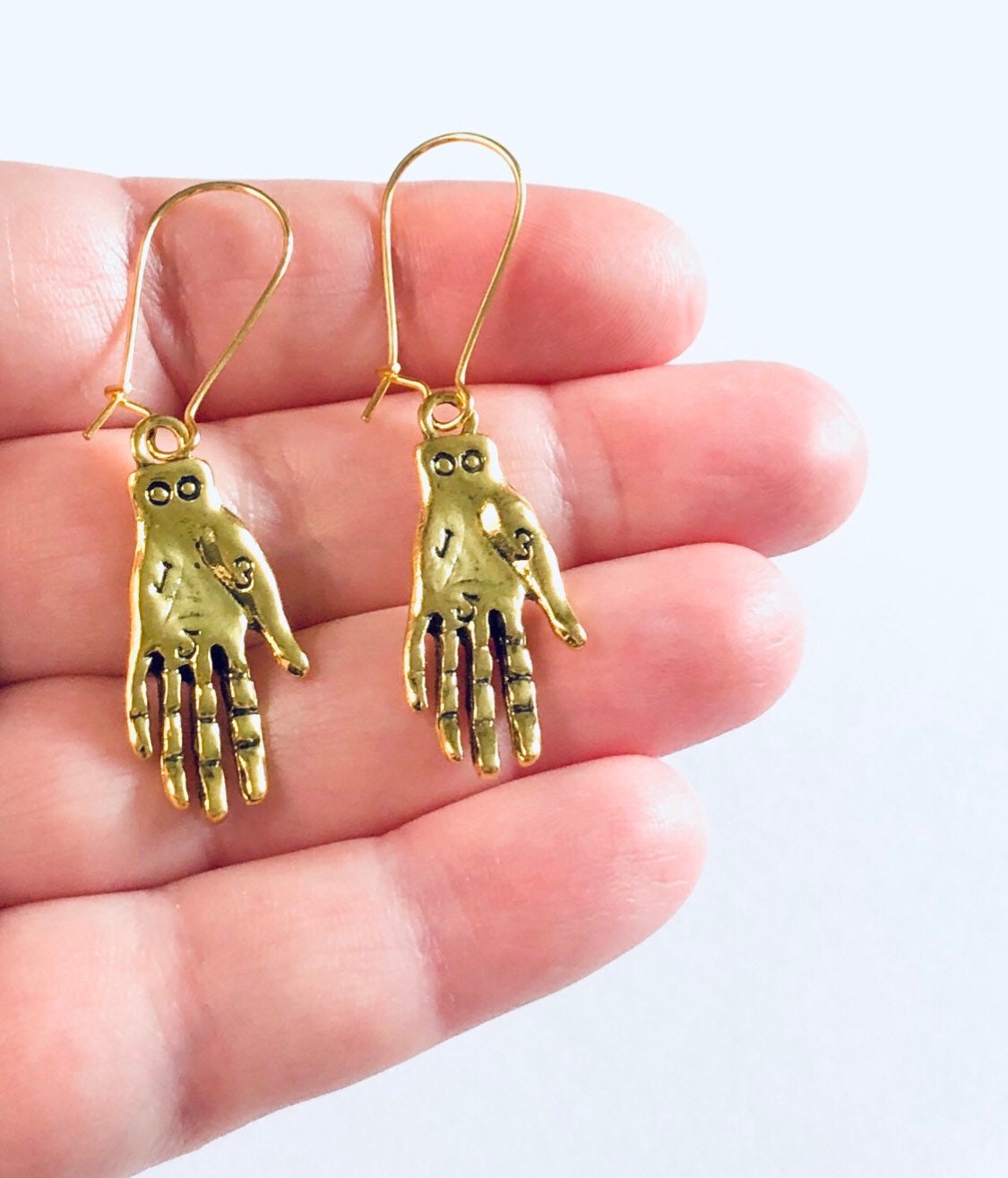 Palmistry Hand Earrings Gold, Drop Dangle Earrings, Witchy Woman Divination Wicca Wiccan spells