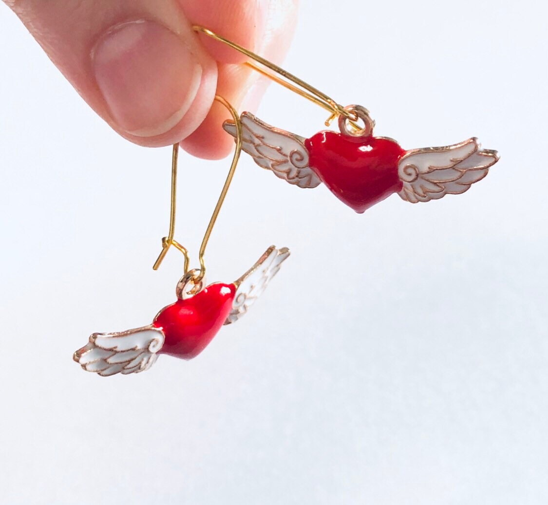 Angel Wings with Red Hearts Gold Earrings, Wings Earrings, Angel Earrings, Heaven Cherubs Enamel Valentine’s Day