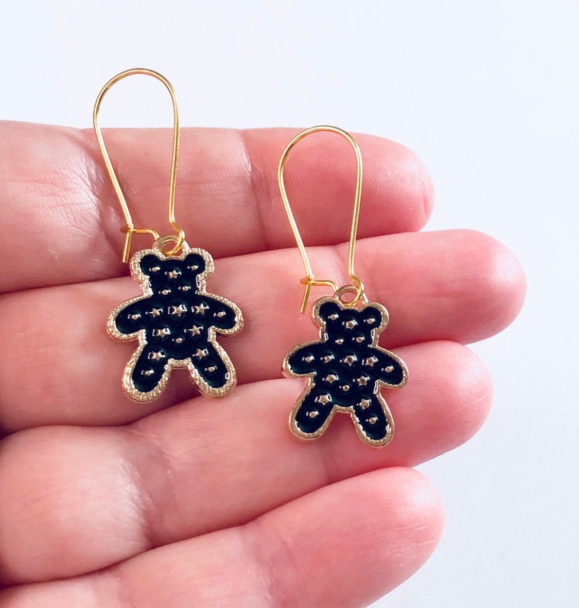 Black & Gold Teddy Bear Earrings, Teddy Earrings, Kawaii Earrings Cute Kidcore Aesthetic Lolita Kawaii Harajuku Japanese Street Style Kpop