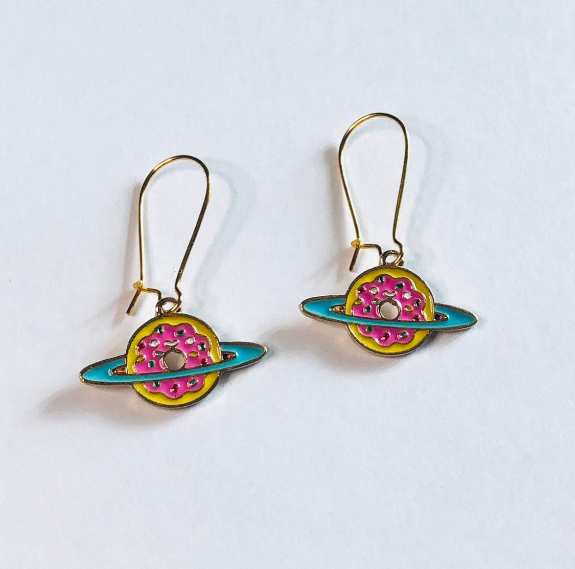 Donut Saturn Earrings Gold Pink Blue & Yellow, Sprinkles Donut Earrings, Space Saturn Earrings Enamel Geekery Cute Kawaii