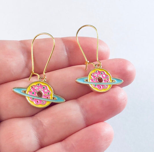 Donut Saturn Earrings Gold Pink Blue & Yellow, Sprinkles Donut Earrings, Space Saturn Earrings Enamel Geekery Cute Kawaii