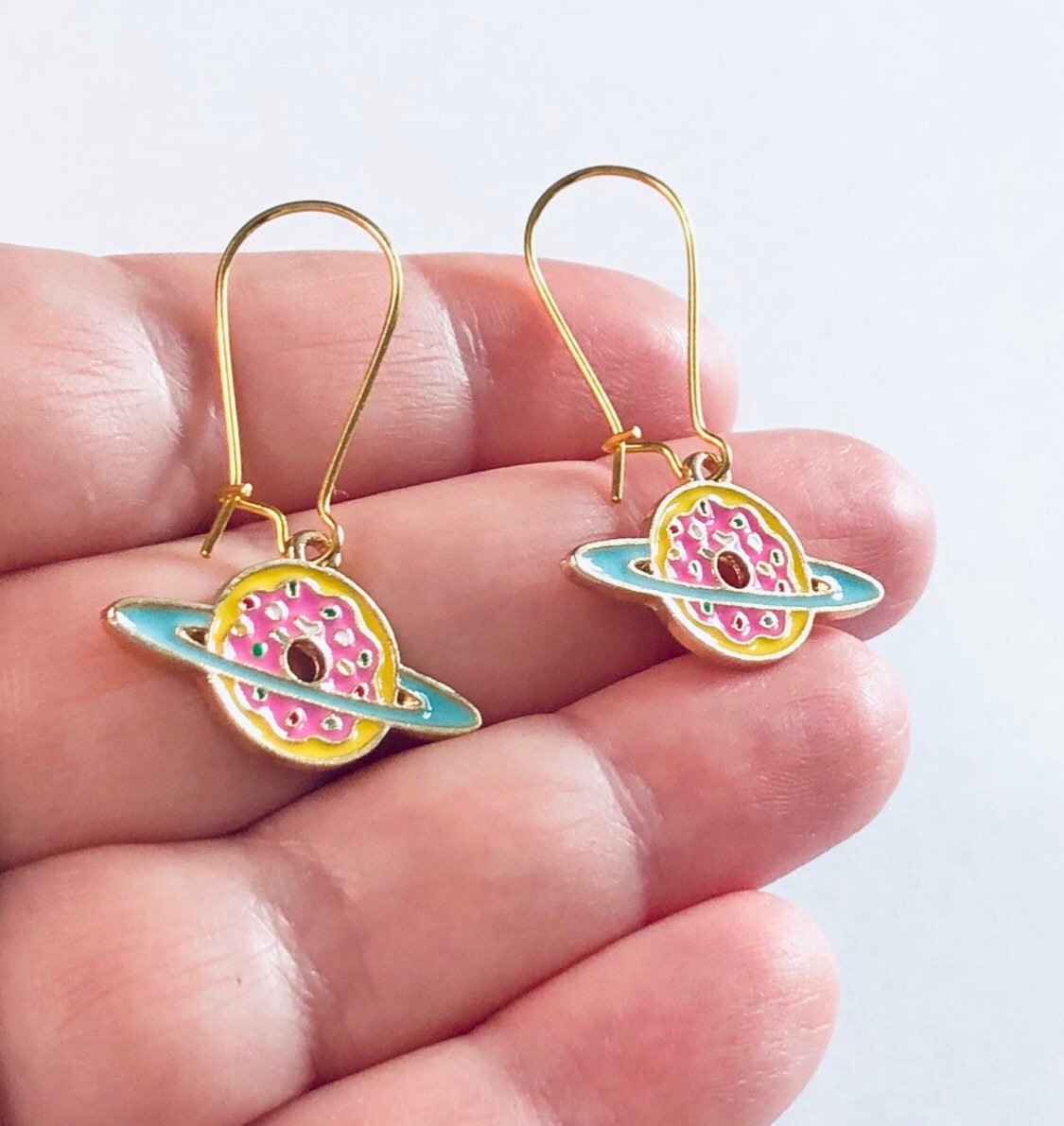 Donut Saturn Earrings Gold Pink Blue & Yellow, Sprinkles Donut Earrings, Space Saturn Earrings Enamel Geekery Cute Kawaii