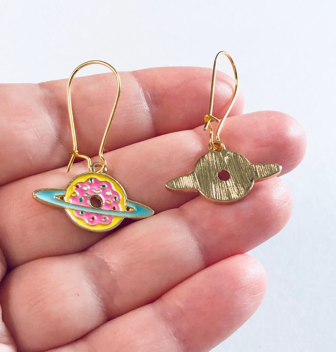 Donut Saturn Earrings Gold Pink Blue & Yellow, Sprinkles Donut Earrings, Space Saturn Earrings Enamel Geekery Cute Kawaii