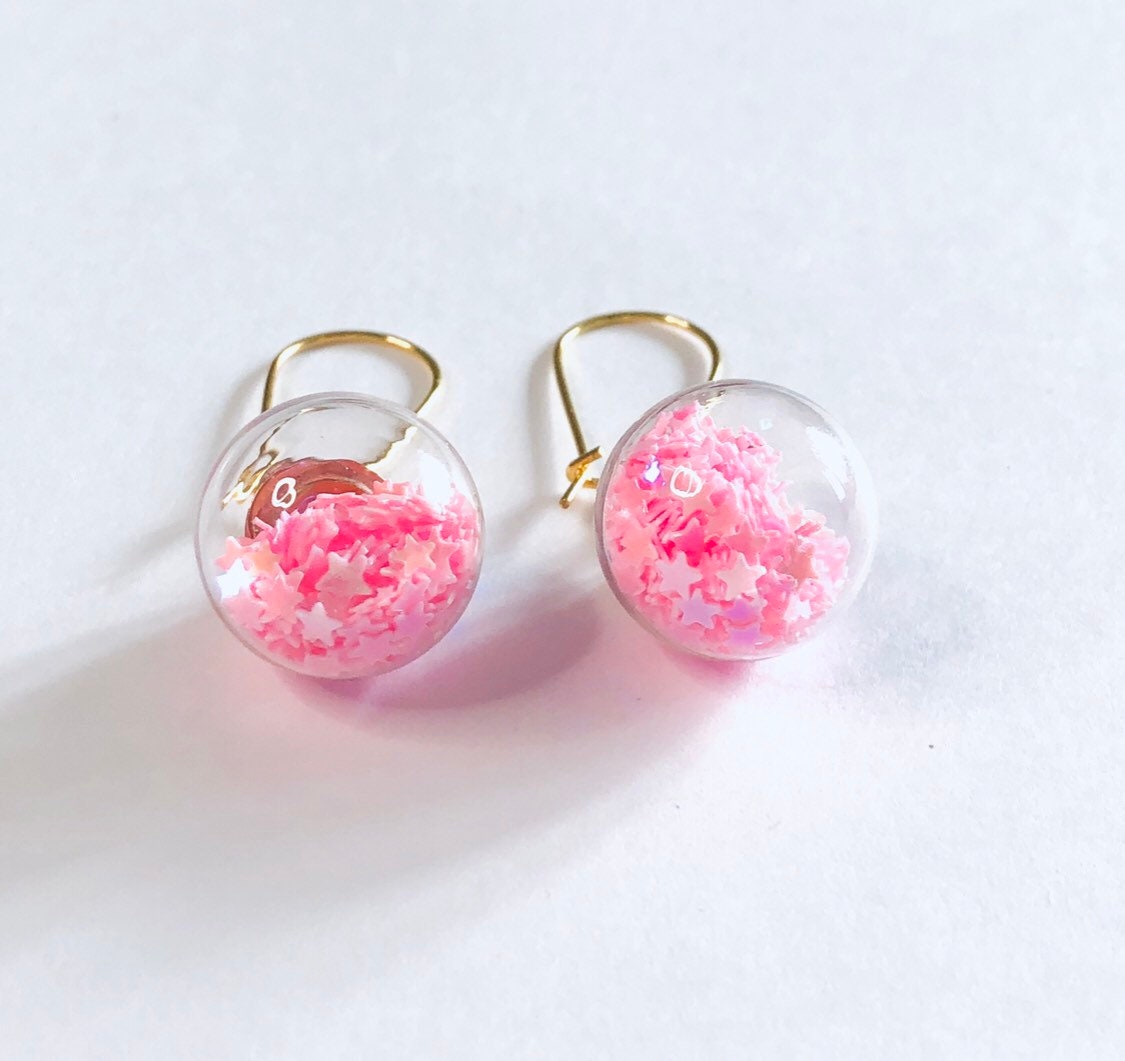 Pink Ball Gold Earrings, 3D Glass Balls with Pink Sparkle Glitter Inside, Drop Dangle Party Earrings, Pretty Girly Pink Egirl