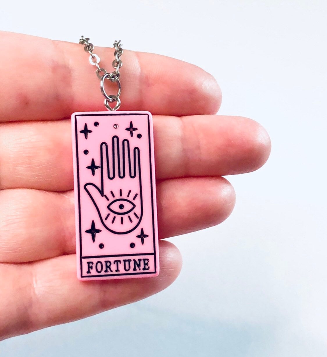 Fortune Pink Palmistry Hand Necklace, Witchy AF Divination Stainless Steel Chain Resin Charm Wicca Wiccan Witch