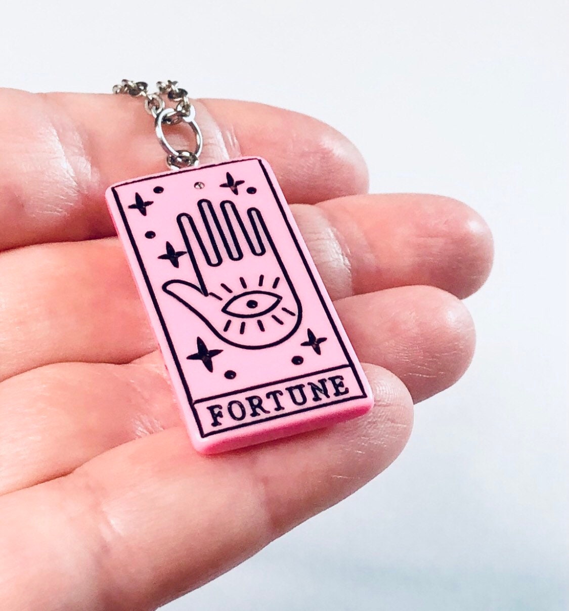 Fortune Pink Palmistry Hand Necklace, Witchy AF Divination Stainless Steel Chain Resin Charm Wicca Wiccan Witch