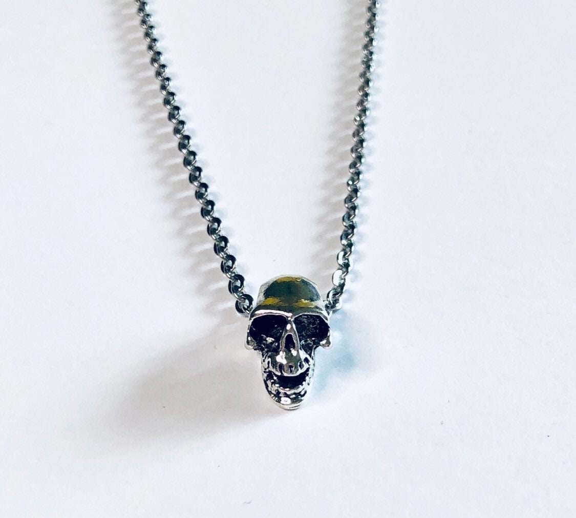 Silver 3D Skull Necklace Stainless Steel Chain Unisex, Spooky Halloween Witchy Woman Wicca, Indie Mall Goth Gothic Girl Aesthetic