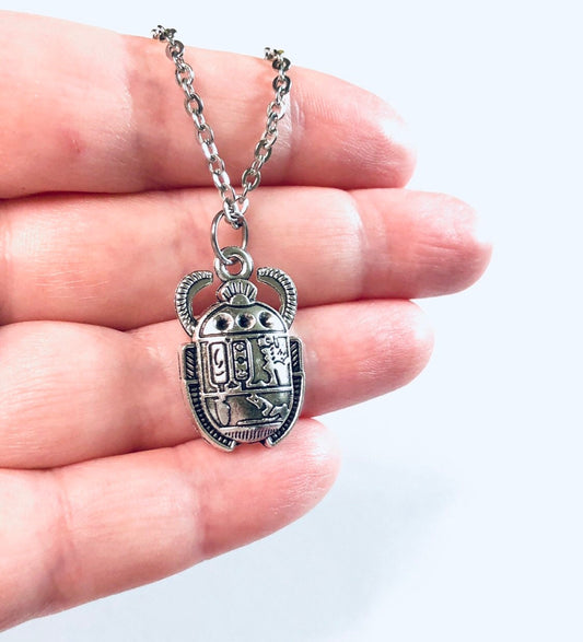 Egyptian Scarab Beatle Necklace Stainless Steel Chain, Silver Bug Charm, Occult Esoteric Egypt Jewelry Witchy Woman