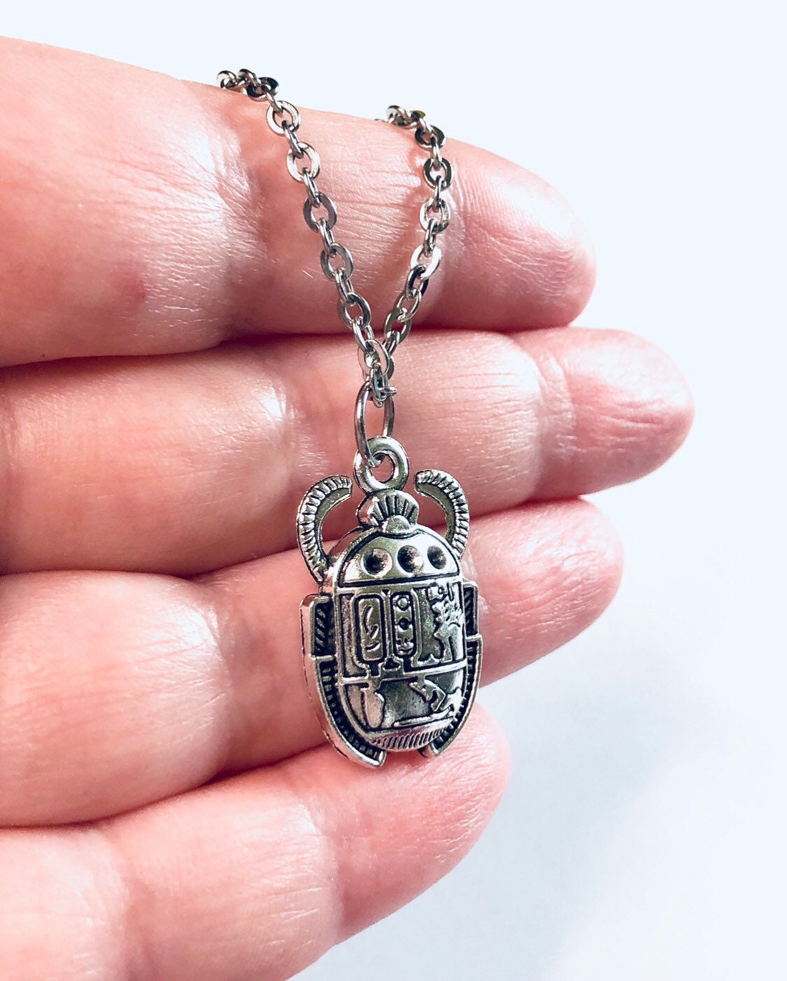 Egyptian Scarab Beatle Necklace Stainless Steel Chain, Silver Bug Charm, Occult Esoteric Egypt Jewelry Witchy Woman