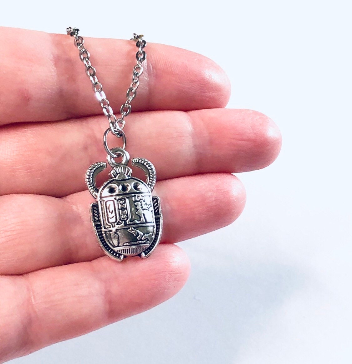 Egyptian Scarab Beatle Necklace Stainless Steel Chain, Silver Bug Charm, Occult Esoteric Egypt Jewelry Witchy Woman