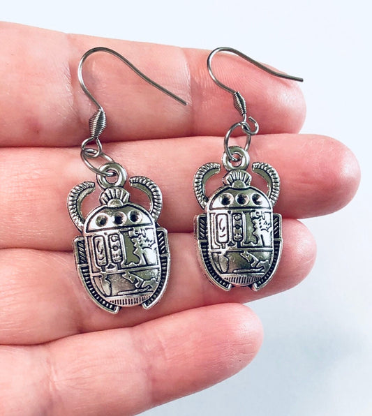 Silver Ancient Egyptian Scarab Beetle Earrings, Bug Jewelry, Stainless Steel Ear Hooks, Pharaoh Egypt Occult Esoteric