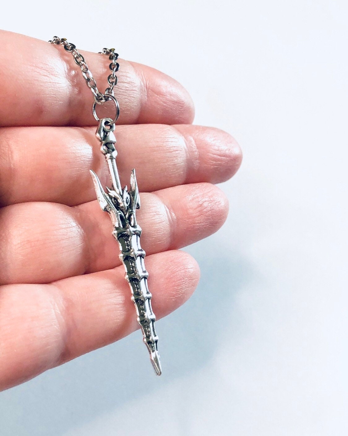 Silver Sword Necklace Unisex Stainless Steel Chain, Little Owl on Weapon, Medieval Nordic Norseman Viking Jewelry Occult Esoteric Ninja