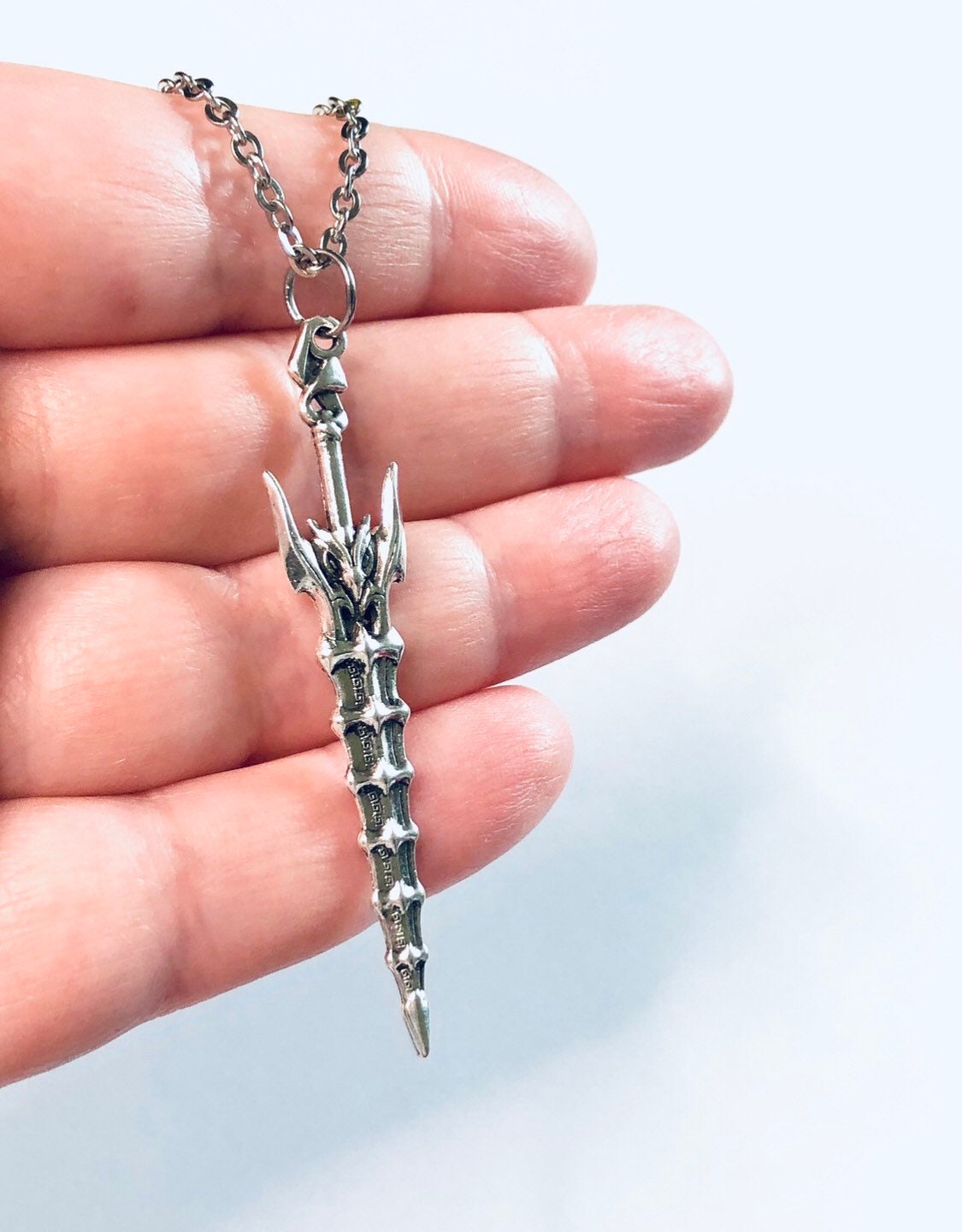 Silver Sword Necklace Unisex Stainless Steel Chain, Little Owl on Weapon, Medieval Nordic Norseman Viking Jewelry Occult Esoteric Ninja