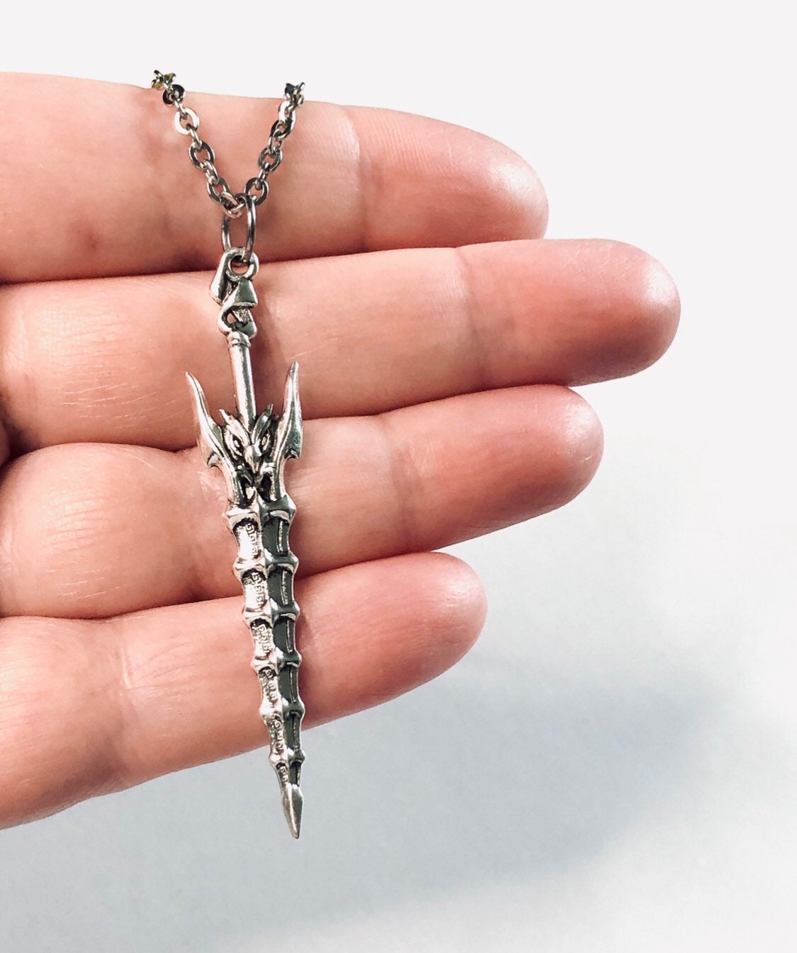 Silver Sword Necklace Unisex Stainless Steel Chain, Little Owl on Weapon, Medieval Nordic Norseman Viking Jewelry Occult Esoteric Ninja