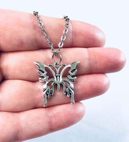 Butterfly Necklace Stainless Steel Chain, Cottagecore Aesthetic Fairycore, Goth Gothic Girl Egirl