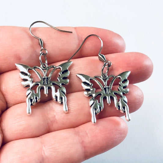 Silver Butterfly Earrings, Spring Summer Fashion Drop Dangle Bug Earrings, Cottagecore Aesthetic, Stainless Steel Ear Hooks, Goth Gothic