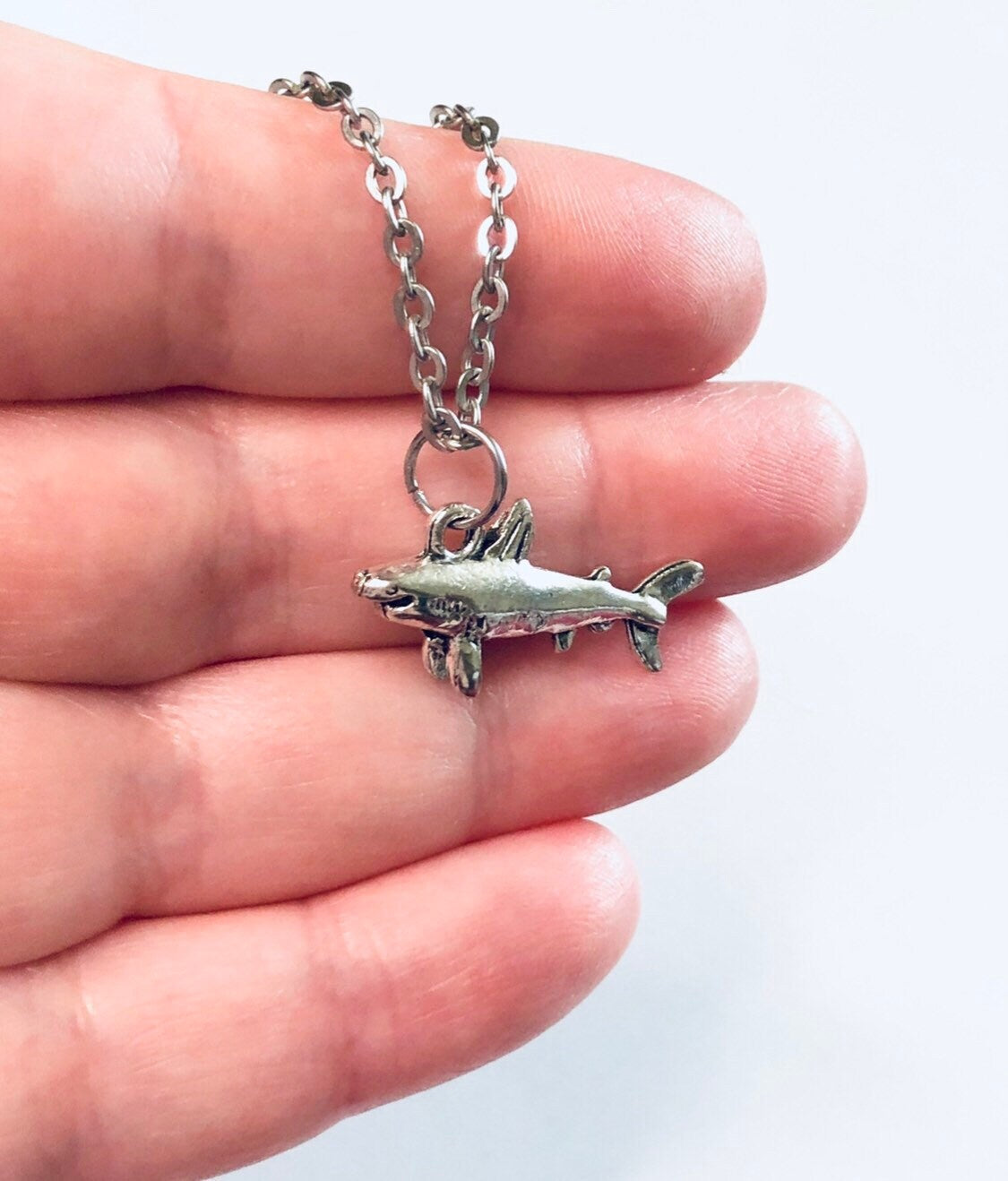 Shark Necklace, Silver Shark Necklace Great White Sea Ocean Creature, Sharks Jewelry, Stainless Steel Chain Goth Egirl