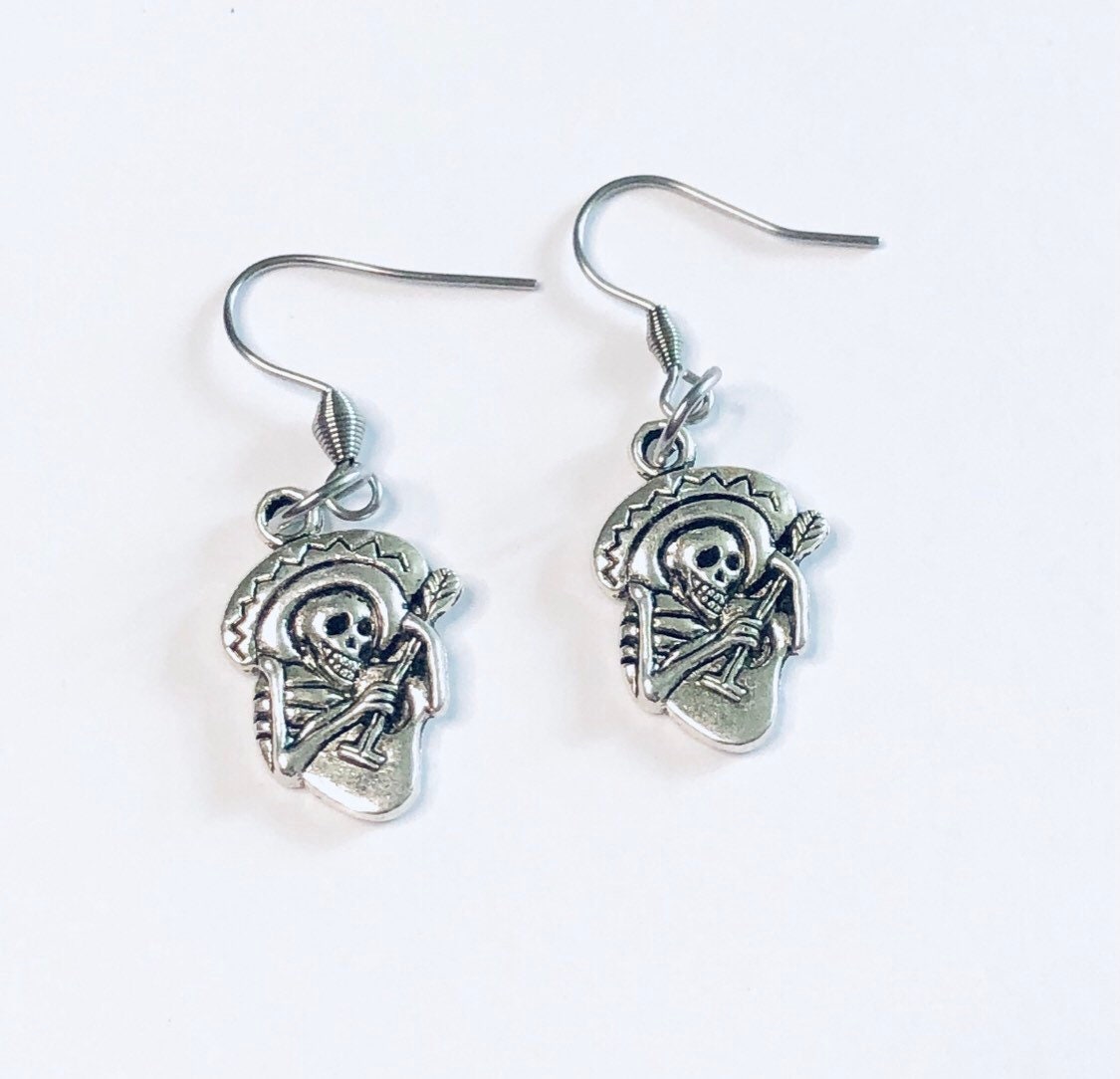 Mexican Skeleton Earrings with Ukulele Guitar & Sombrero Hat On, Unisex Day Of The Dead Earrings