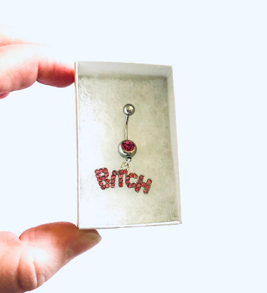 Pink Rhinestone Bitch Belly Button Ring, Belly Charm, Navel Ring, Funny Rude Cute Egirl Aesthetic