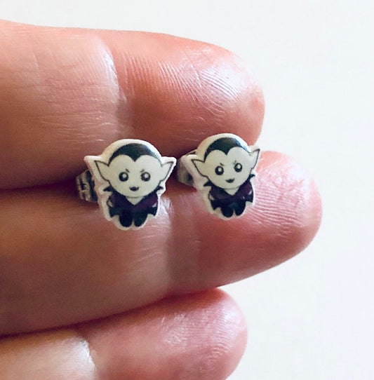 Count Dracula Stud Earrings, Vampire Earrings, Retro Horror Movies Studs, Stainless Steel & Epoxy Resin Charms, Halloween Earrings Jewelry,