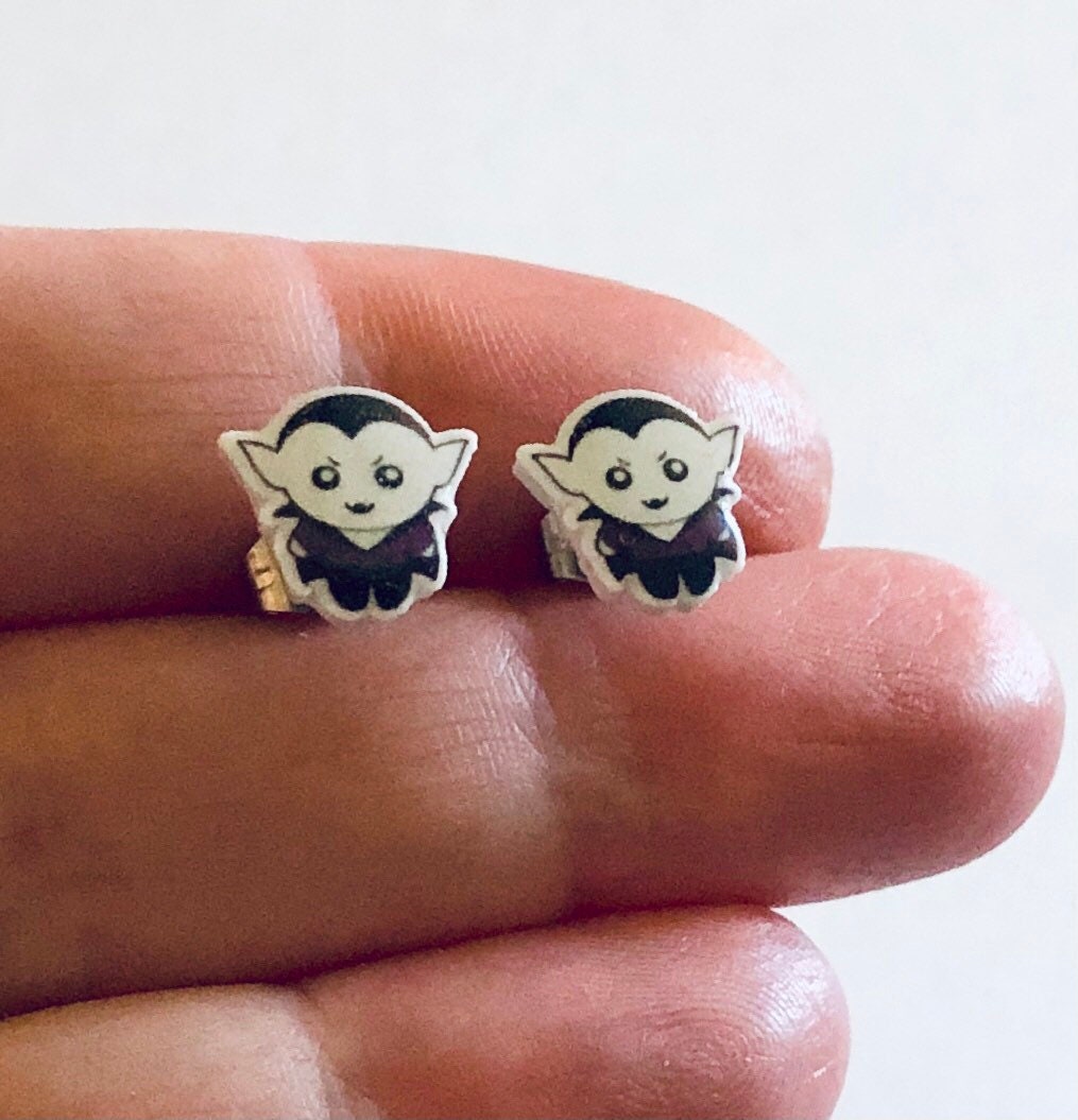 Count Dracula Stud Earrings, Vampire Earrings, Retro Horror Movies Studs, Stainless Steel & Epoxy Resin Charms, Halloween Earrings Jewelry,