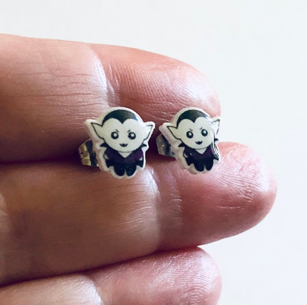 Count Dracula Stud Earrings, Vampire Earrings, Retro Horror Movies Studs, Stainless Steel & Epoxy Resin Charms, Halloween Earrings Jewelry,