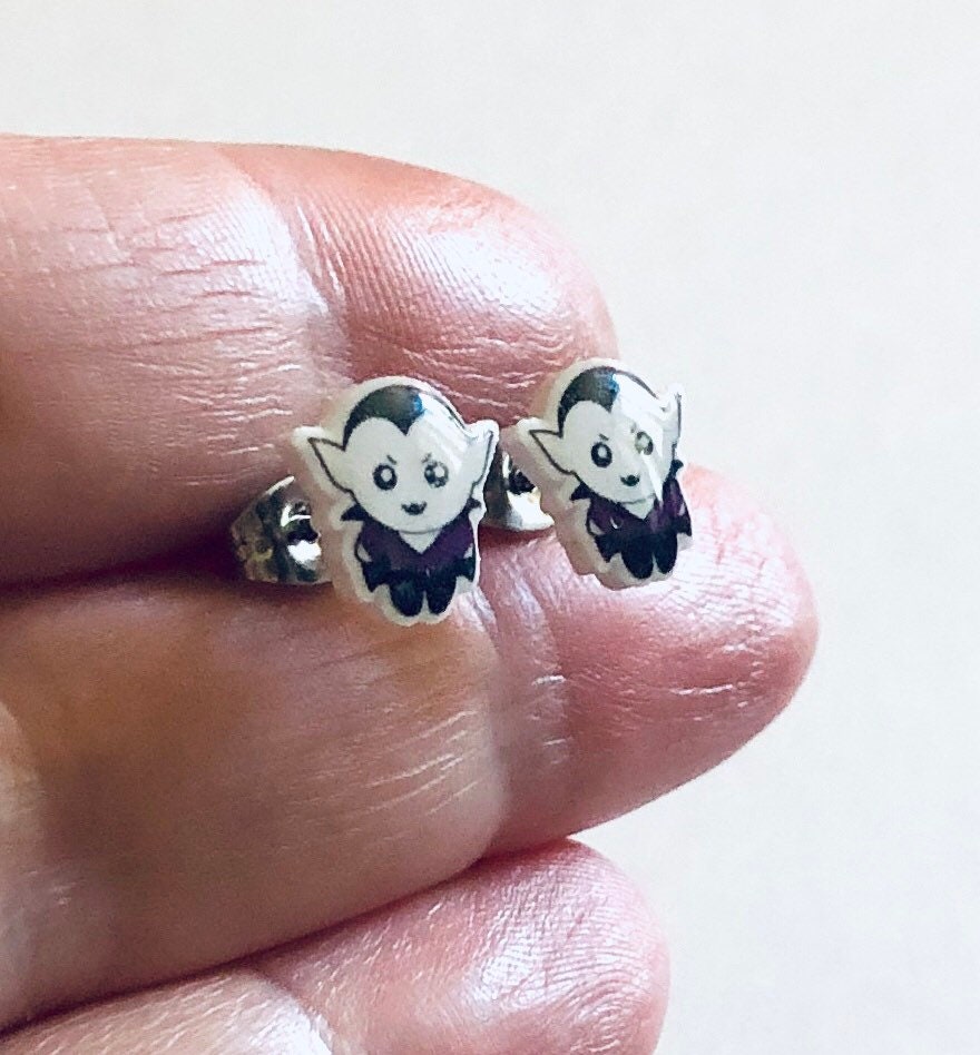 Count Dracula Stud Earrings, Vampire Earrings, Retro Horror Movies Studs, Stainless Steel & Epoxy Resin Charms, Halloween Earrings Jewelry,