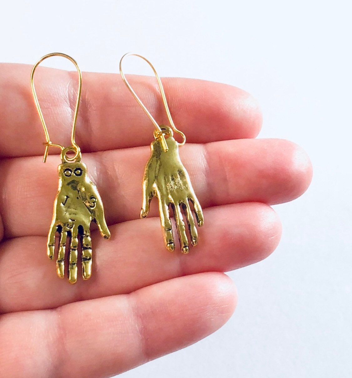 Palmistry Hand Earrings Gold, Drop Dangle Earrings, Witchy Woman Divination Wicca Wiccan spells