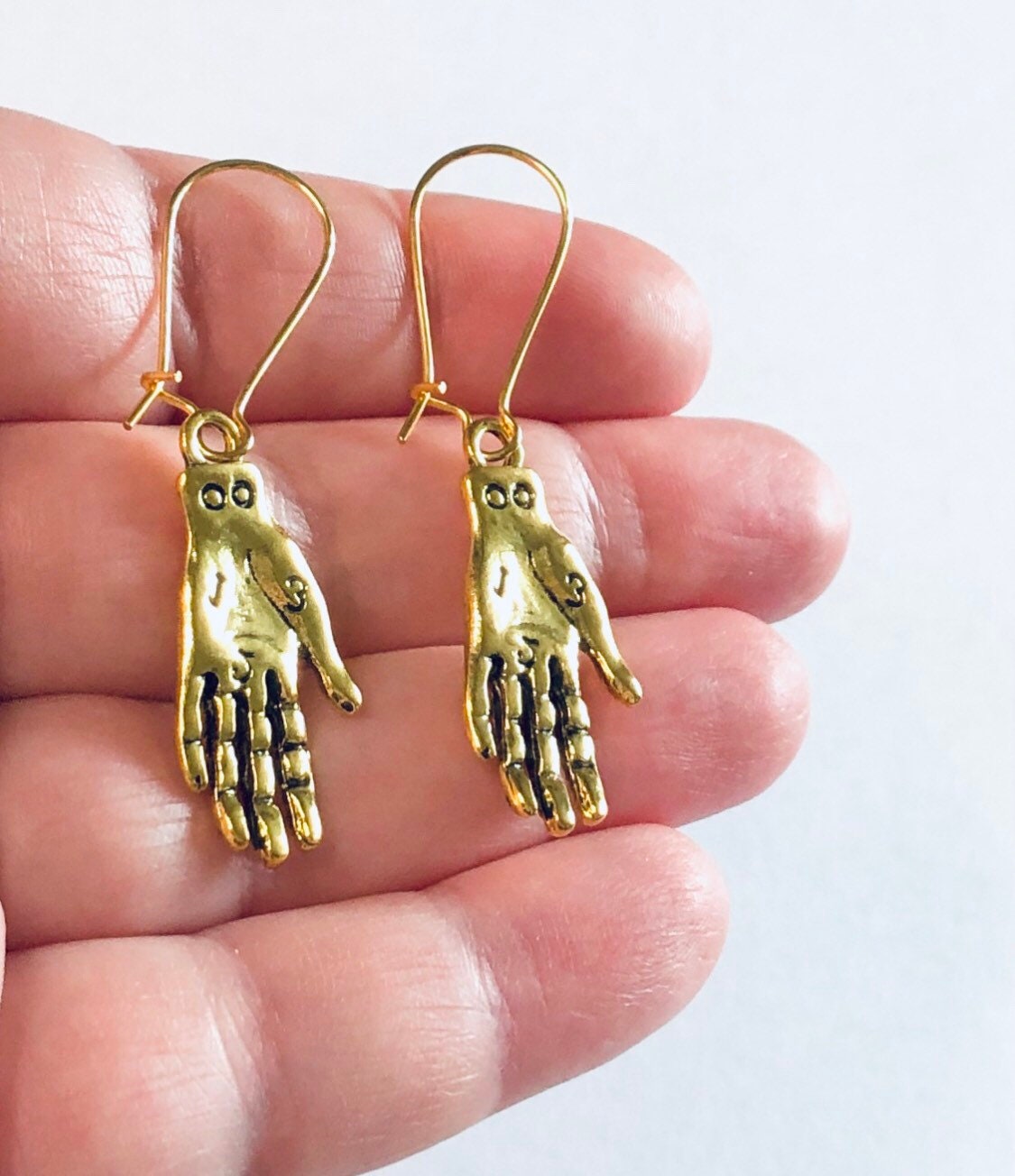 Palmistry Hand Earrings Gold, Drop Dangle Earrings, Witchy Woman Divination Wicca Wiccan spells