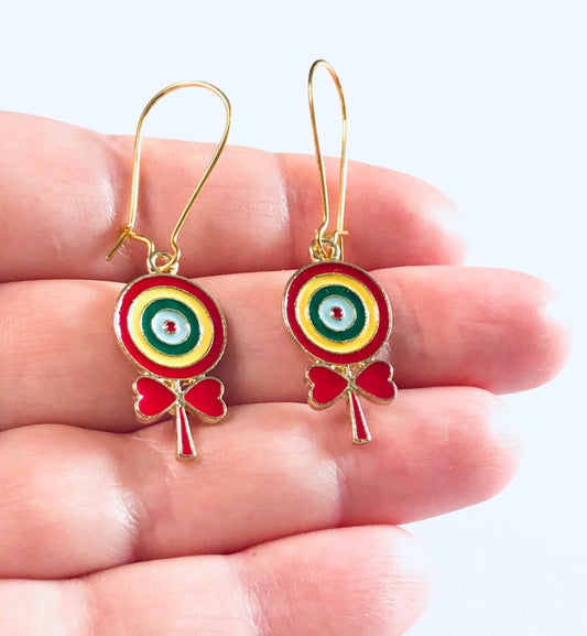 Lollipop Earrings, Gold Lollypop Earrings, Rainbow Enamel Kidcore Aesthetic Lolita Sweets Candy