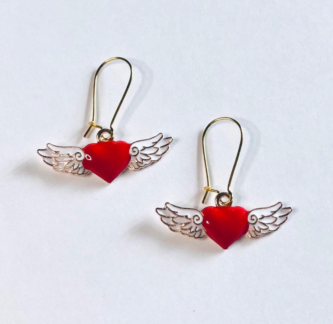 Angel Wings with Red Hearts Gold Earrings, Wings Earrings, Angel Earrings, Heaven Cherubs Enamel Valentine’s Day