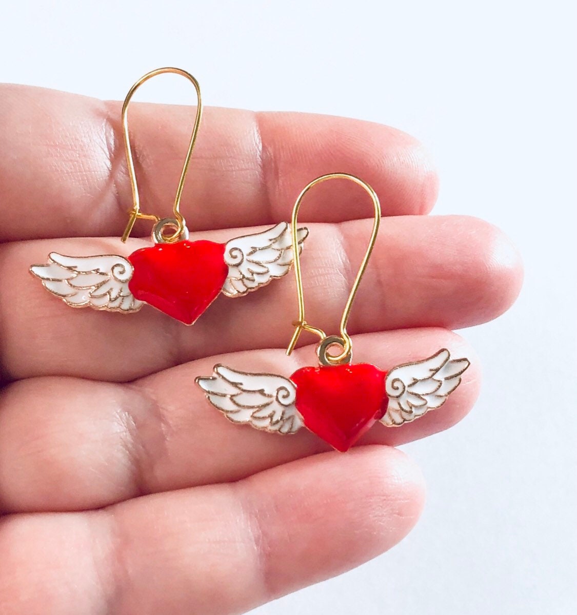 Angel Wings with Red Hearts Gold Earrings, Wings Earrings, Angel Earrings, Heaven Cherubs Enamel Valentine’s Day