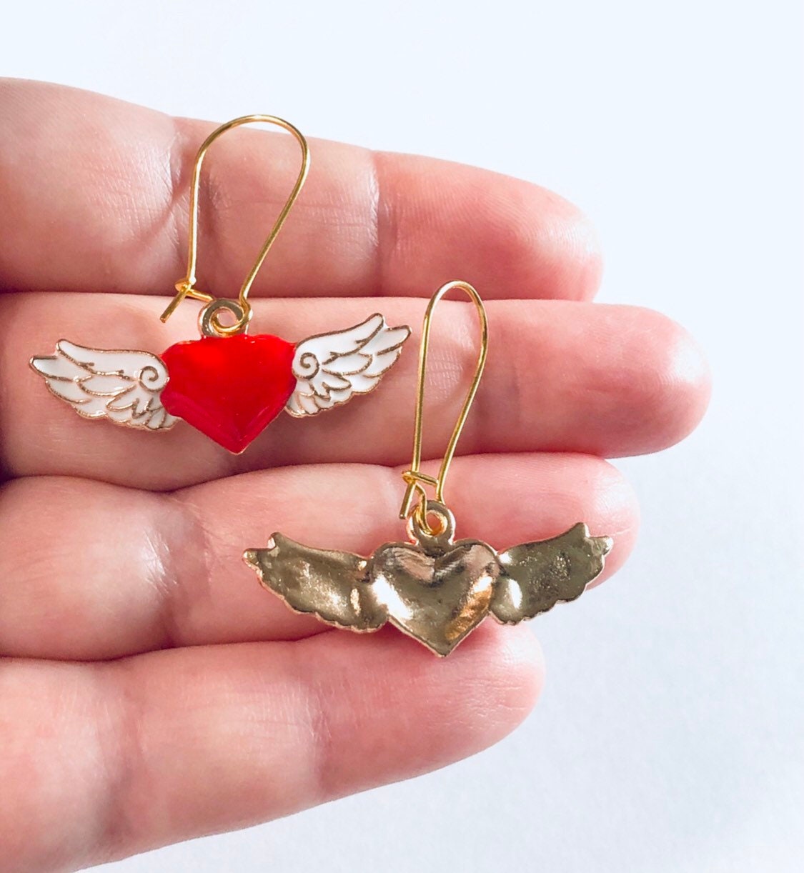 Angel Wings with Red Hearts Gold Earrings, Wings Earrings, Angel Earrings, Heaven Cherubs Enamel Valentine’s Day