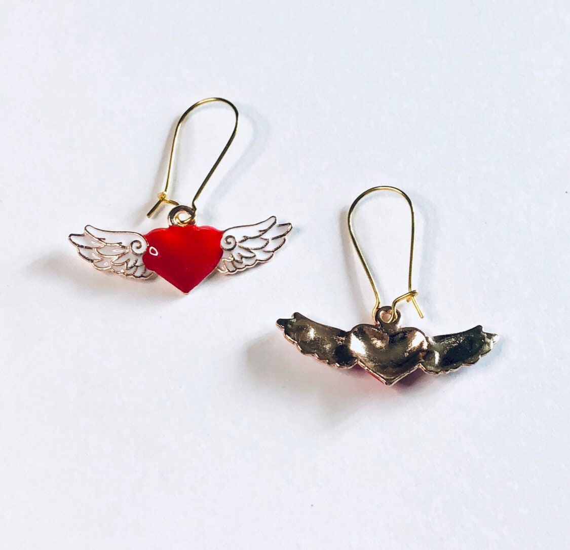 Angel Wings with Red Hearts Gold Earrings, Wings Earrings, Angel Earrings, Heaven Cherubs Enamel Valentine’s Day