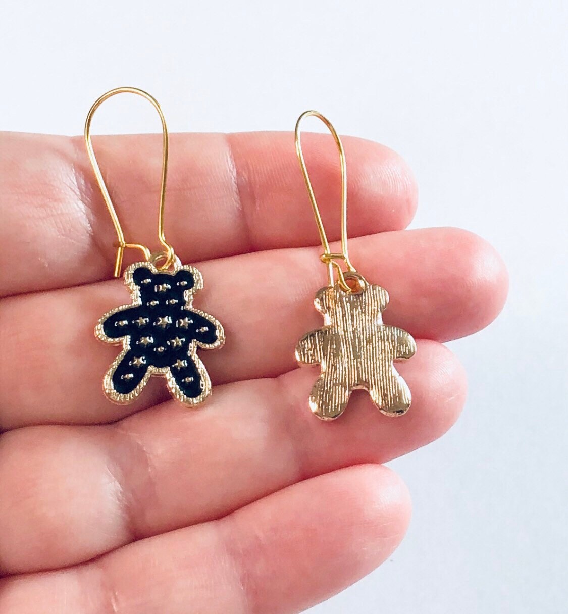 Black & Gold Teddy Bear Earrings, Teddy Earrings, Kawaii Earrings Cute Kidcore Aesthetic Lolita Kawaii Harajuku Japanese Street Style Kpop