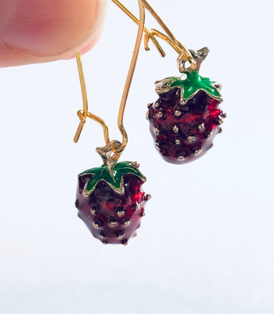 Gold Strawberry Earrings 3D Drop Dangle Earrings Spring Summer Style Aesthetic Red & Green Strawberries Fruit Vegan