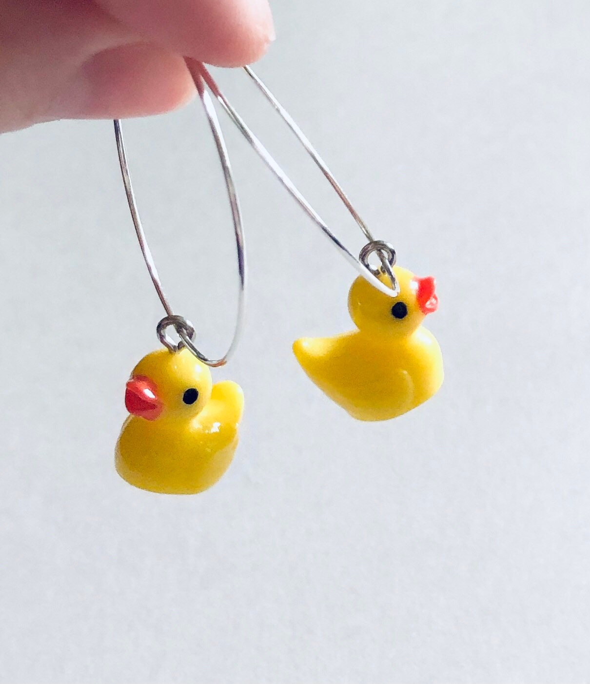 Little Yellow Rubber Duckie Silver Tone Hoop Earrings with Duck Charm Charms, Kawaii Cute