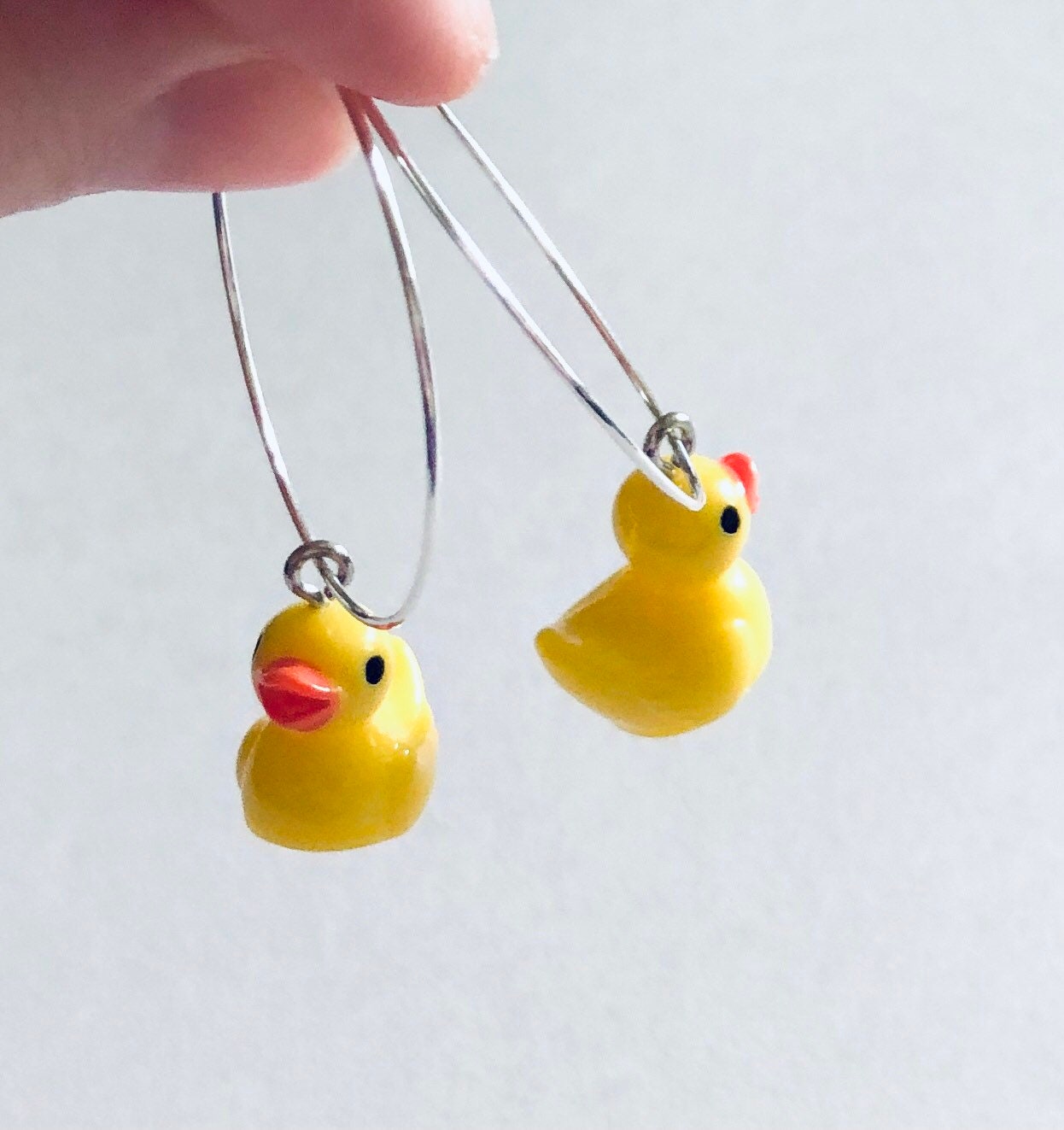 Little Yellow Rubber Duckie Silver Tone Hoop Earrings with Duck Charm Charms, Kawaii Cute