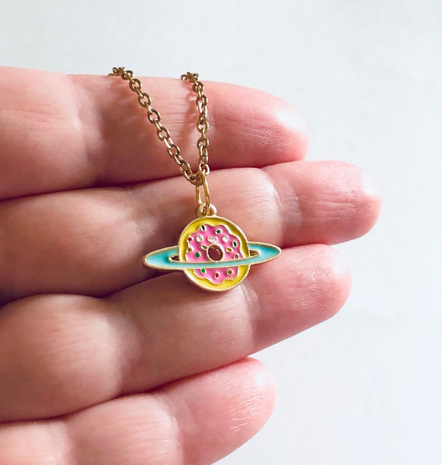 Saturn Donut Necklace Gold Plated Over Stainless Steel Chain, Candy Charm Necklace, Outer Space Planet Saturn Kawaii Geekery