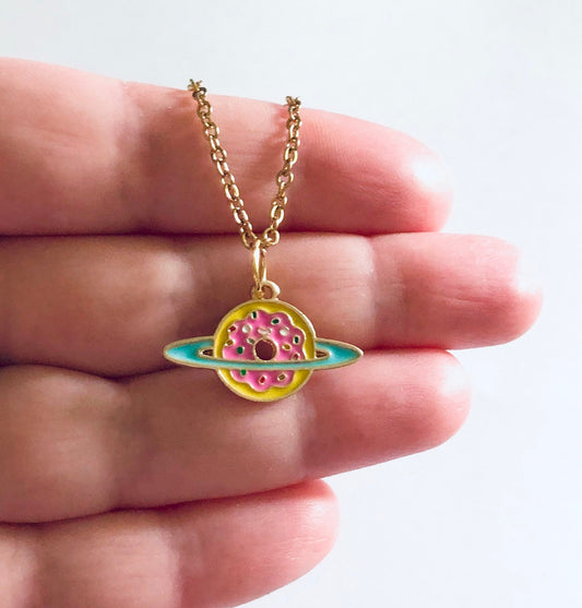 Saturn Donut Necklace Gold Plated Over Stainless Steel Chain, Candy Charm Necklace, Outer Space Planet Saturn Kawaii Geekery