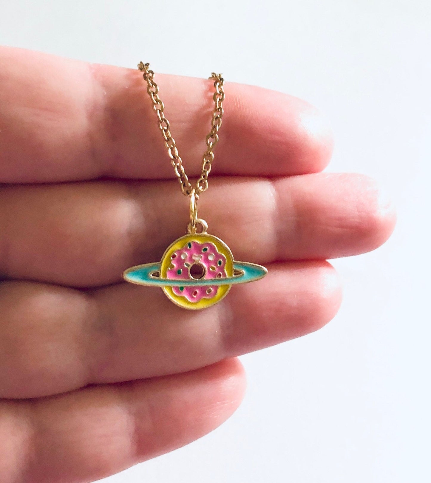 Saturn Donut Necklace Gold Plated Over Stainless Steel Chain, Candy Charm Necklace, Outer Space Planet Saturn Kawaii Geekery