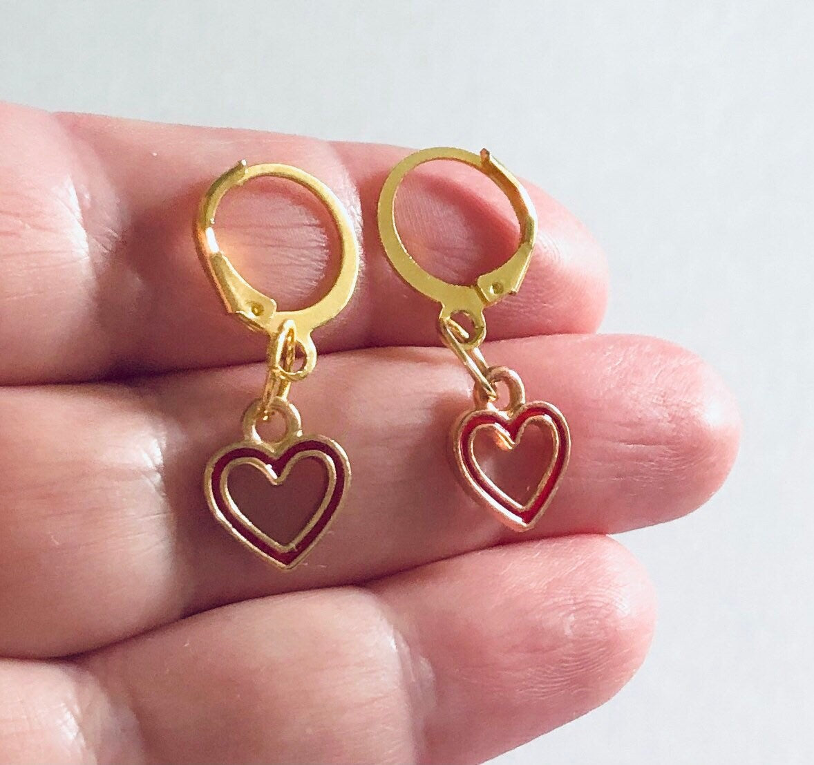 Red Heart Huggie Earrings, Gold Mini Hoops with Cut Out Heart Charm Red Enamel, Gold Huggies Hoops, Sweet Cute Love Core Aesthetic