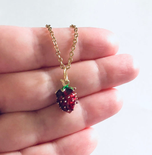 Gold Strawberry Necklace, Gold Plated Over Stainless Steel Chain With Dainty Fruit Charm, Summer Jewelry, Vegan Vegetarian Gift Cottagecore