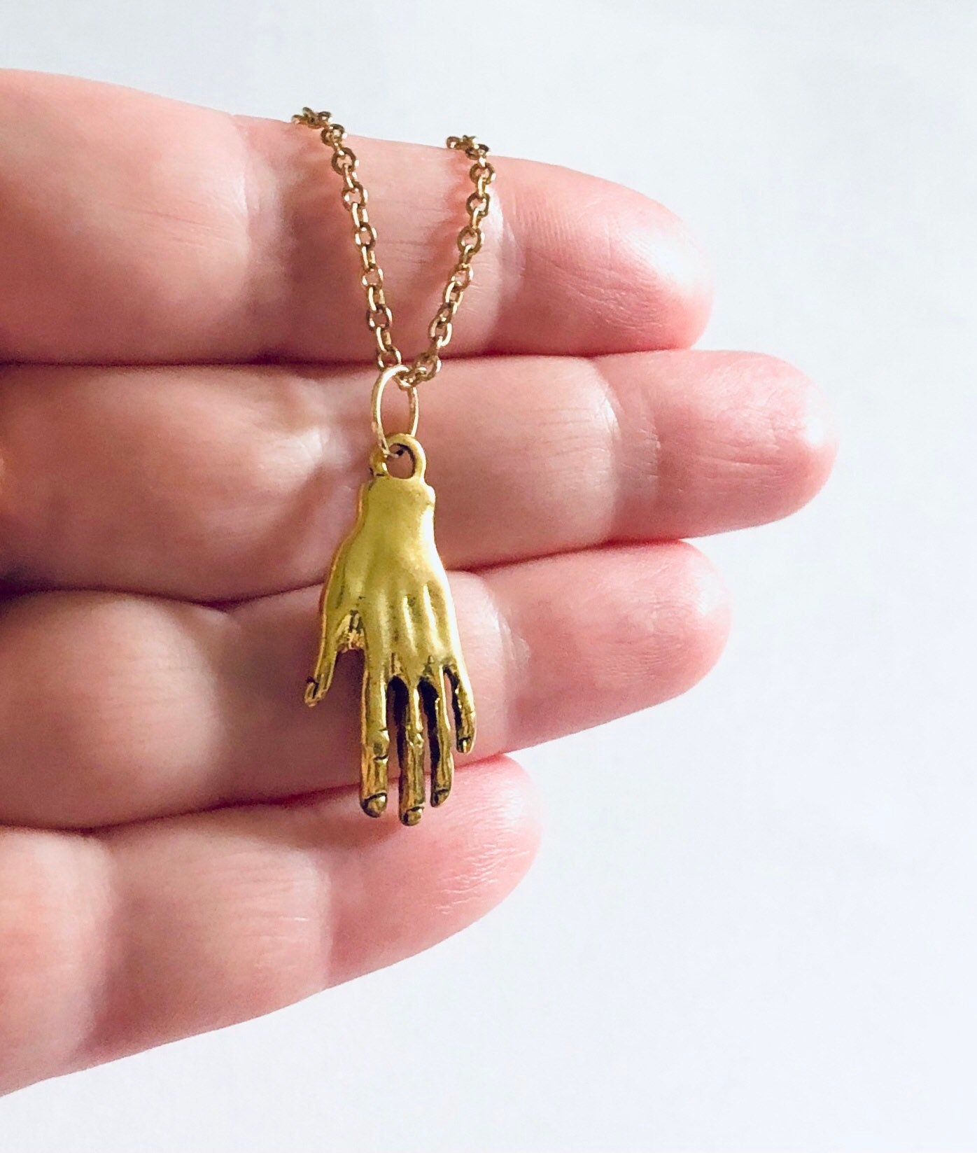 Gold Palmistry Necklace, Divination Hand Necklace, Gold Plated Chain Over Stainless Steel, Hand Charm, Wicca Wiccan Witchy Woman