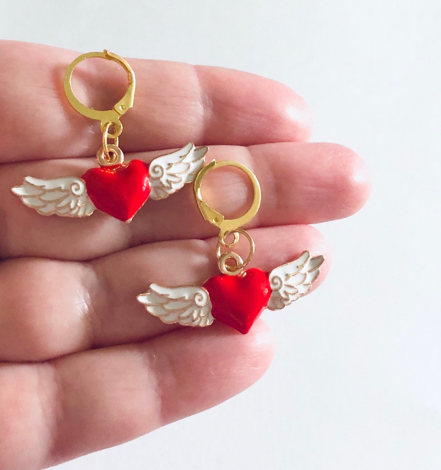 Red Heart Angel Wings Huggie Earrings, Gold Cherub Wings Enamel Charms On Gold Mini Hoops Huggies Hoop, Heaven Sent Indie Lovecore Aesthetic Egirl